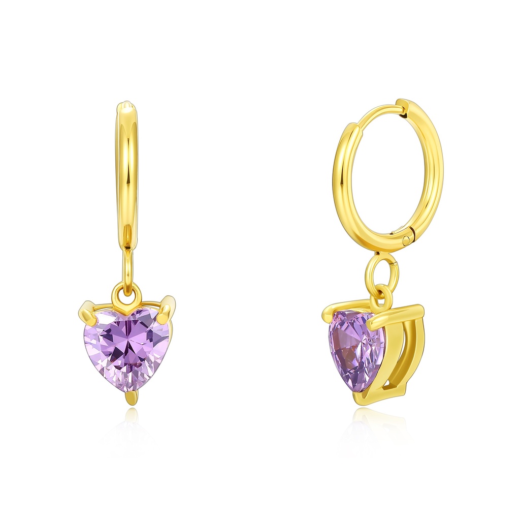 Gold Stainless Steel Hoop Earrings with Purple Heart-Shaped Charm