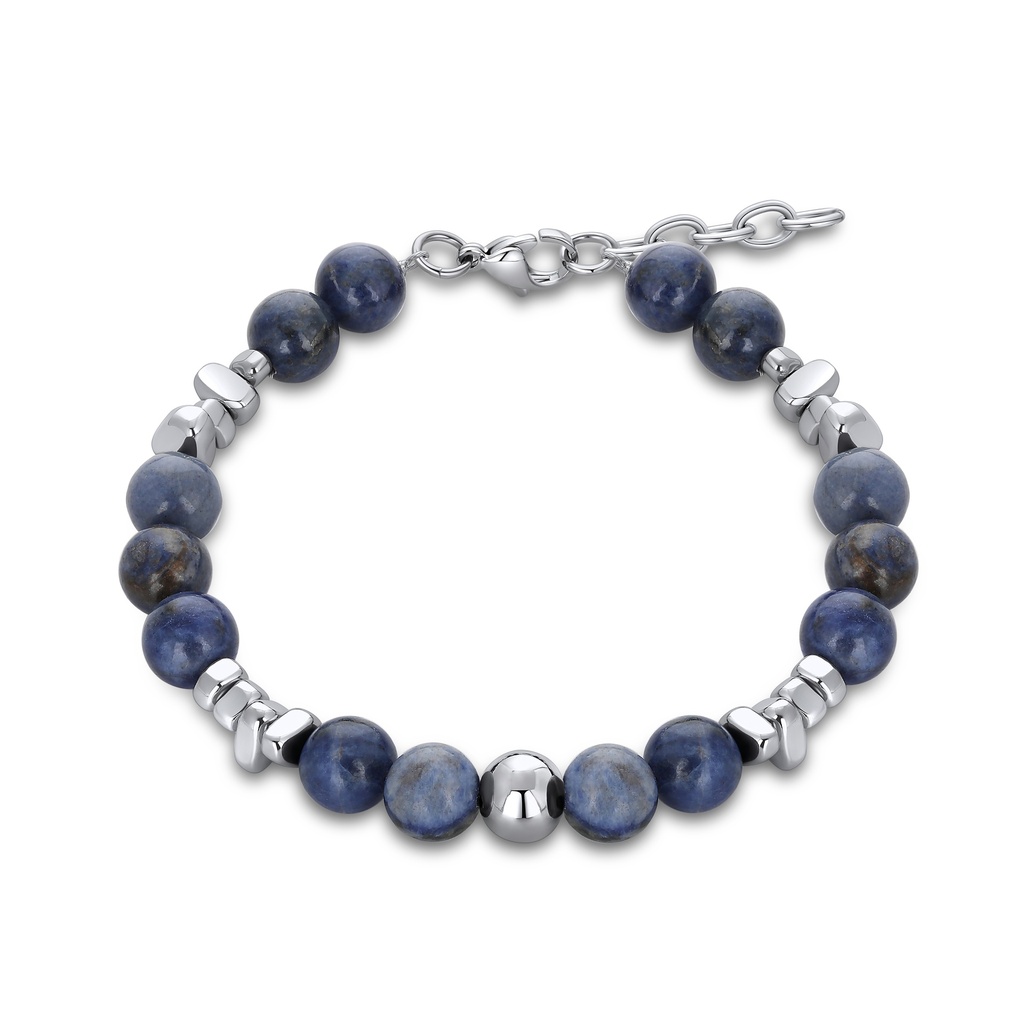 [DJ02B0009] Blue Sodalite and Stainless Steel Beaded Bracelet