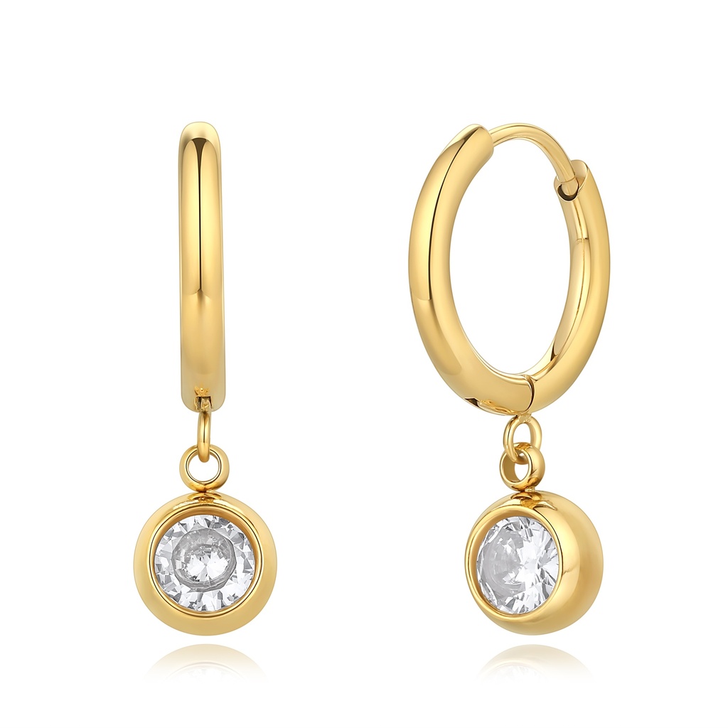 Gold Stainless Steel Hoop Earrings with Round CZ Dangle Charm