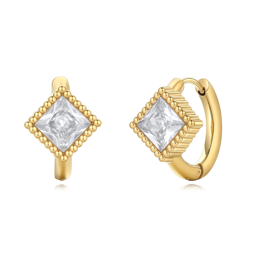 Gold Stainless Steel Hoop Earrings with Square CZ Centerpiece