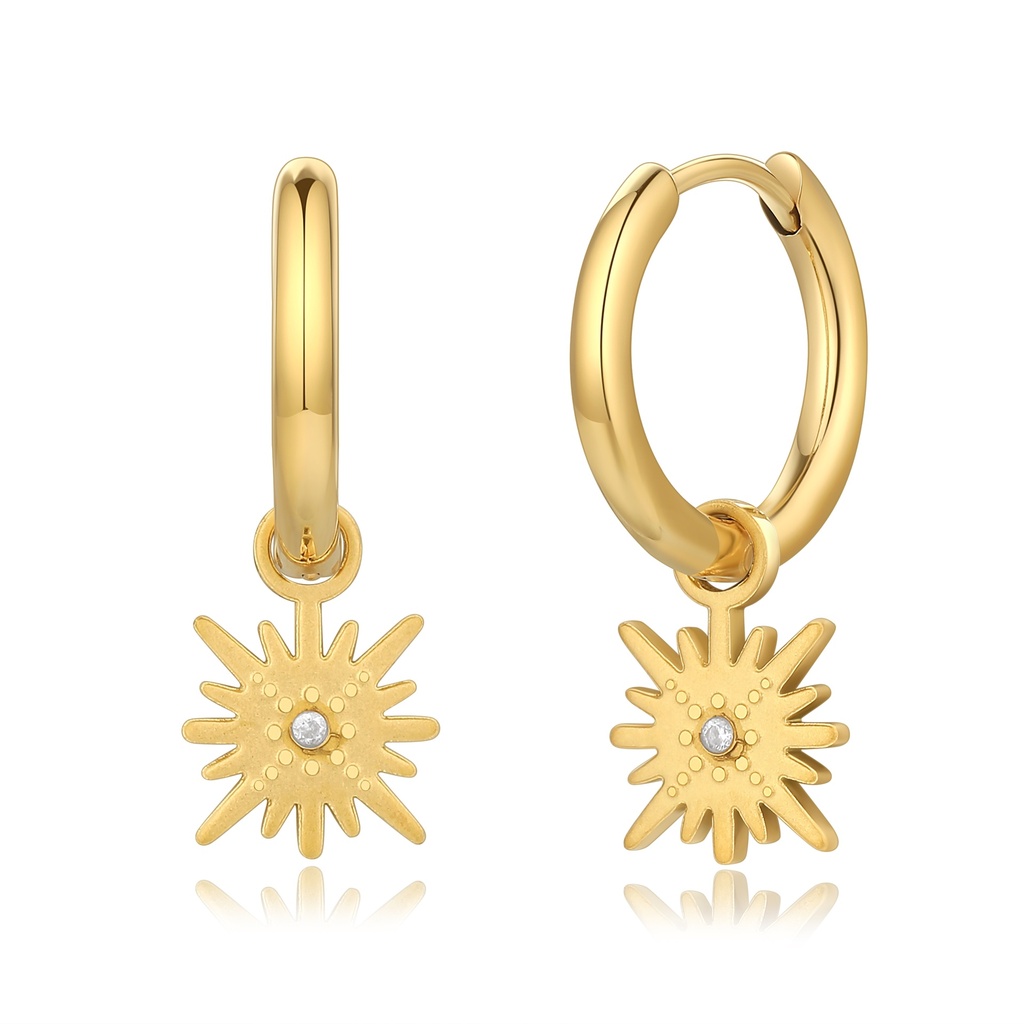 Gold Stainless Steel Hoop Earrings with Sunburst Charm Design