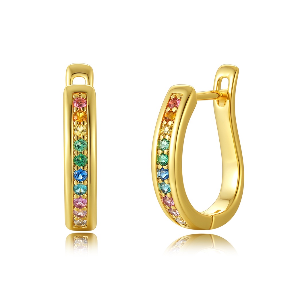 Gold Stainless Steel Hoop Earrings with Vibrant Rainbow Crystal Inlay