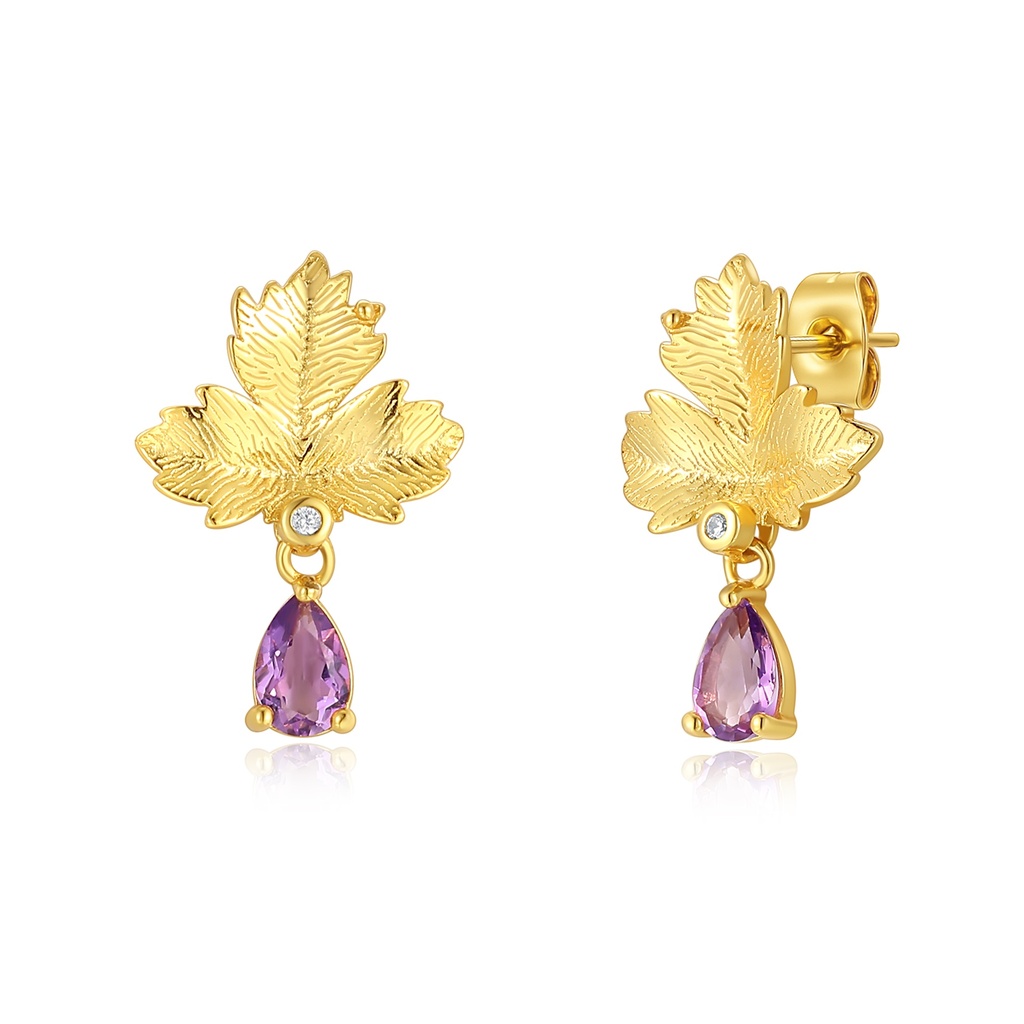 Gold Stainless Steel Leaf Earrings with Purple Teardrop Gemstones