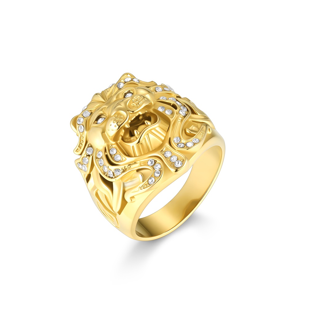 Gold Stainless Steel Lion Head Ring with Sparkling Crystal Accents