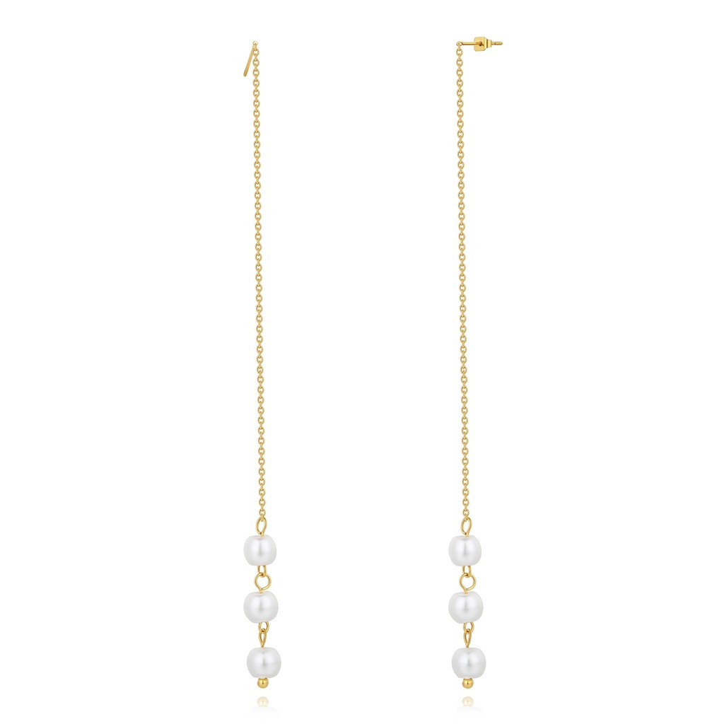 Gold Stainless Steel Long Chain Earrings with Imitation Pearls