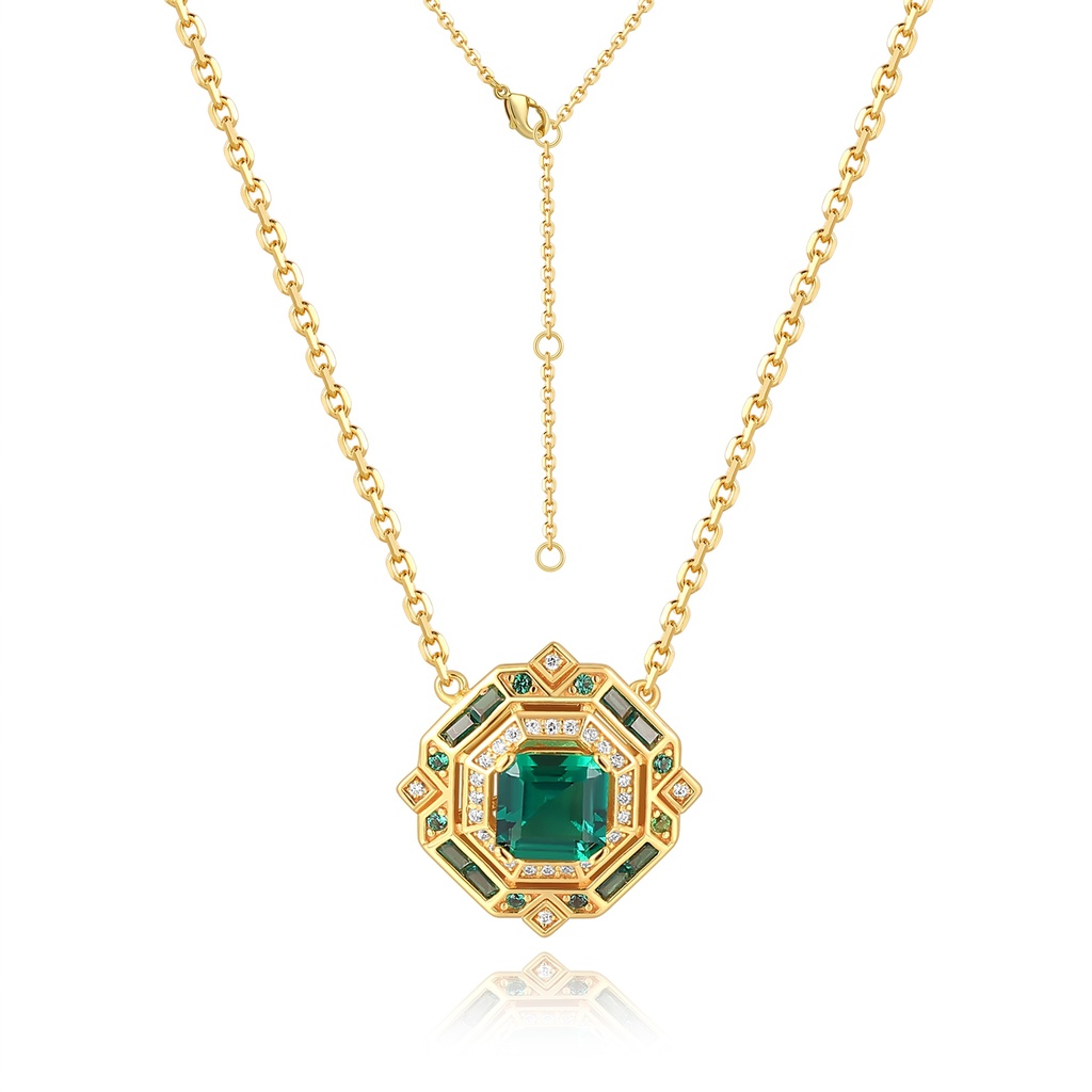 Gold Stainless Steel Necklace with Emerald Green Geometric Crystal Pendant