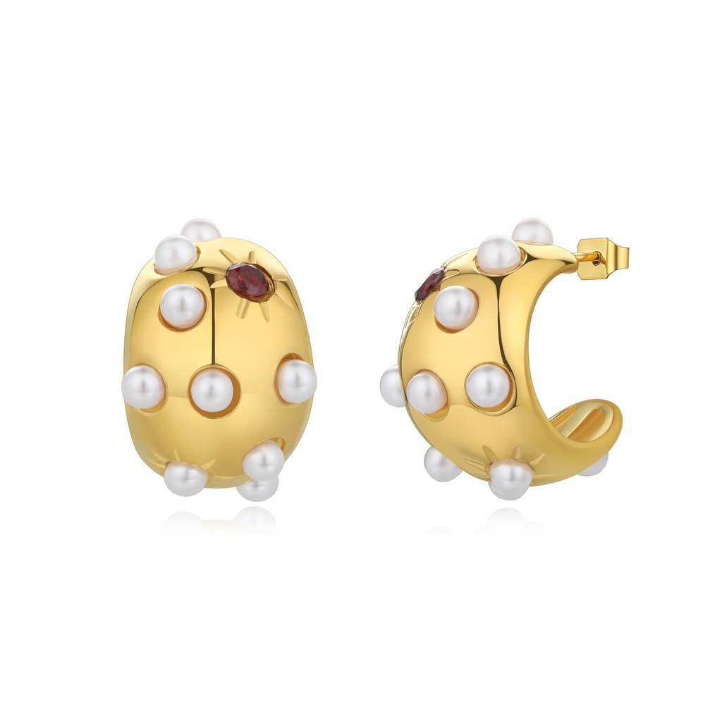 Gold Stainless Steel Pearl Hoop Earrings with Red Gem Accents