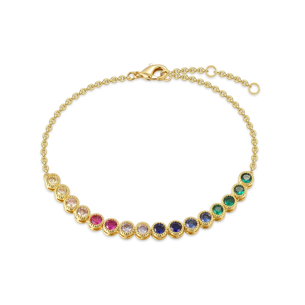 Gold Stainless Steel Rainbow Bracelet with Multi-Colored Zirconia Stones