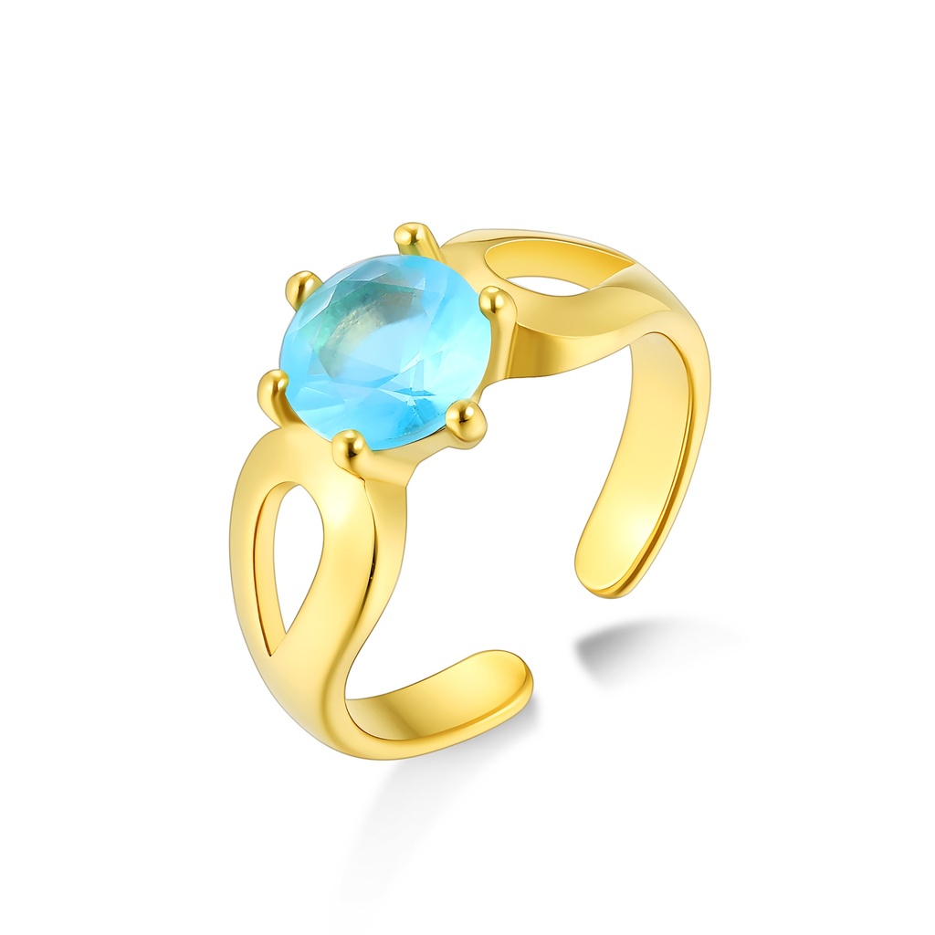 Gold Stainless Steel Ring with Blue Crystal Open Design