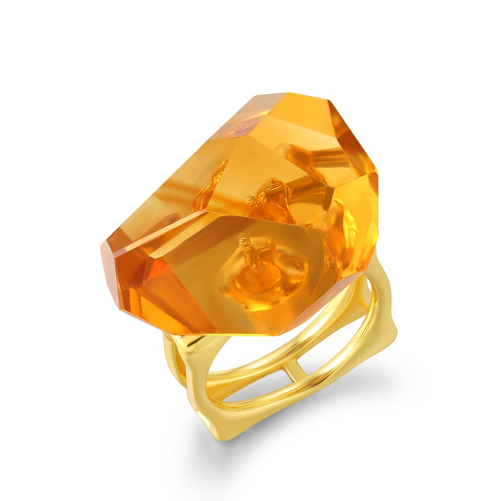 Gold Stainless Steel Ring with Bold Faceted Amber Crystal Stone