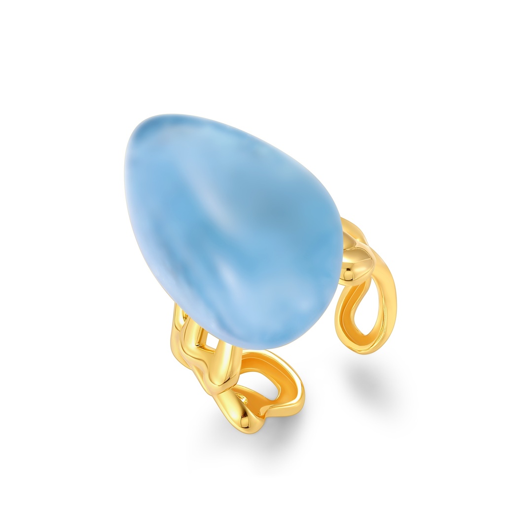 Gold Stainless Steel Ring with Bold Sky Blue Teardrop Stone