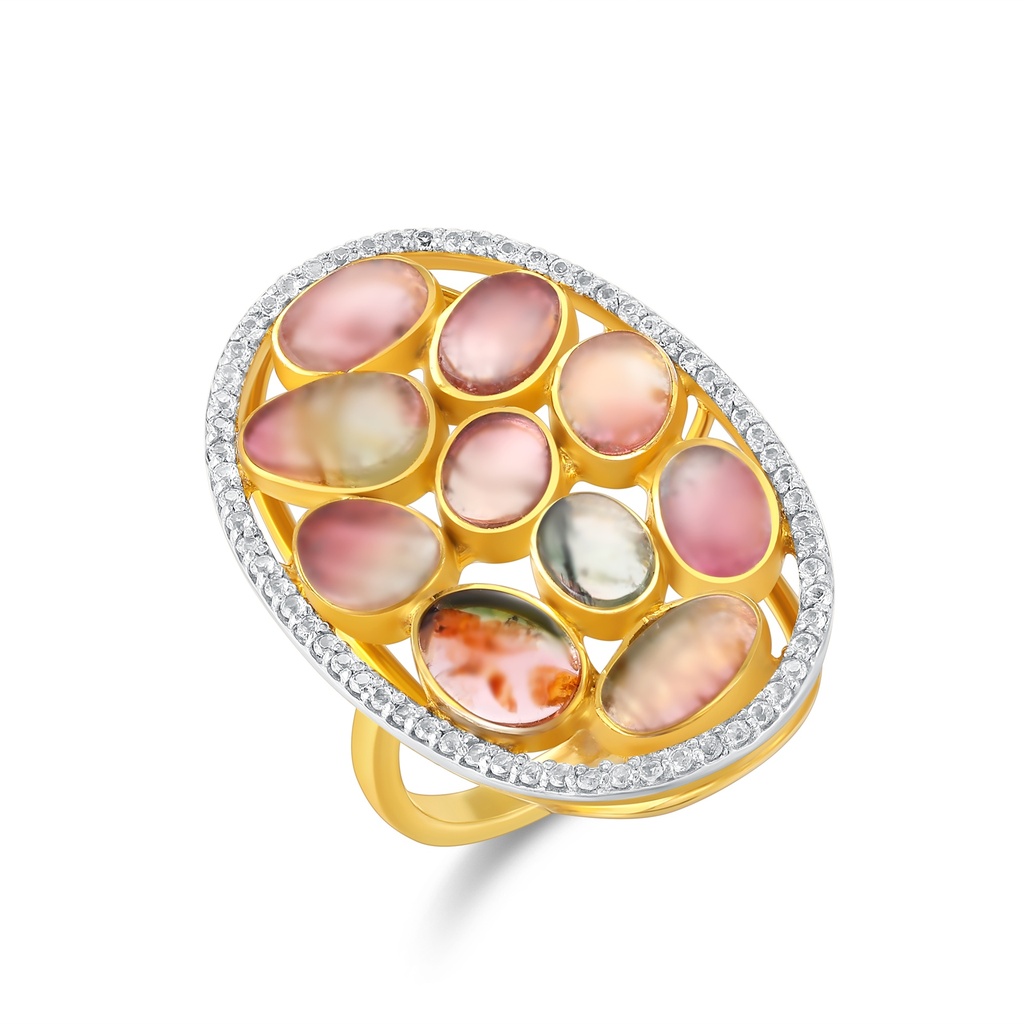 Gold Stainless Steel Ring with Multicolor Gemstones and Crystal Halo