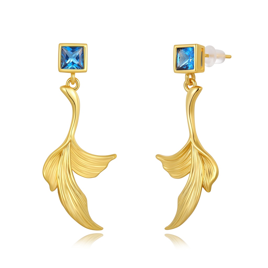 [PD02E0147] Blue square crystal earrings with gold leaf flowing drop design