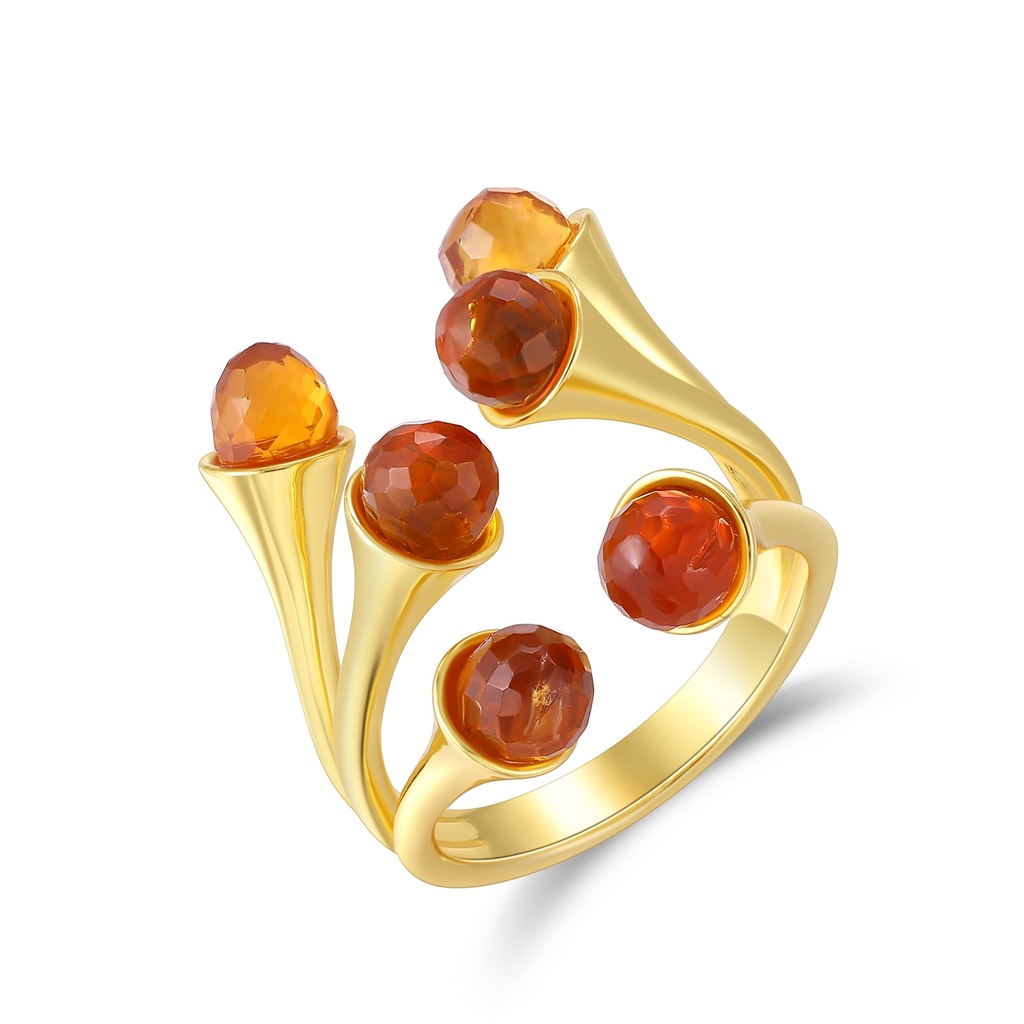 Gold Stainless Steel Ring with Multiple Round Orange Gemstones