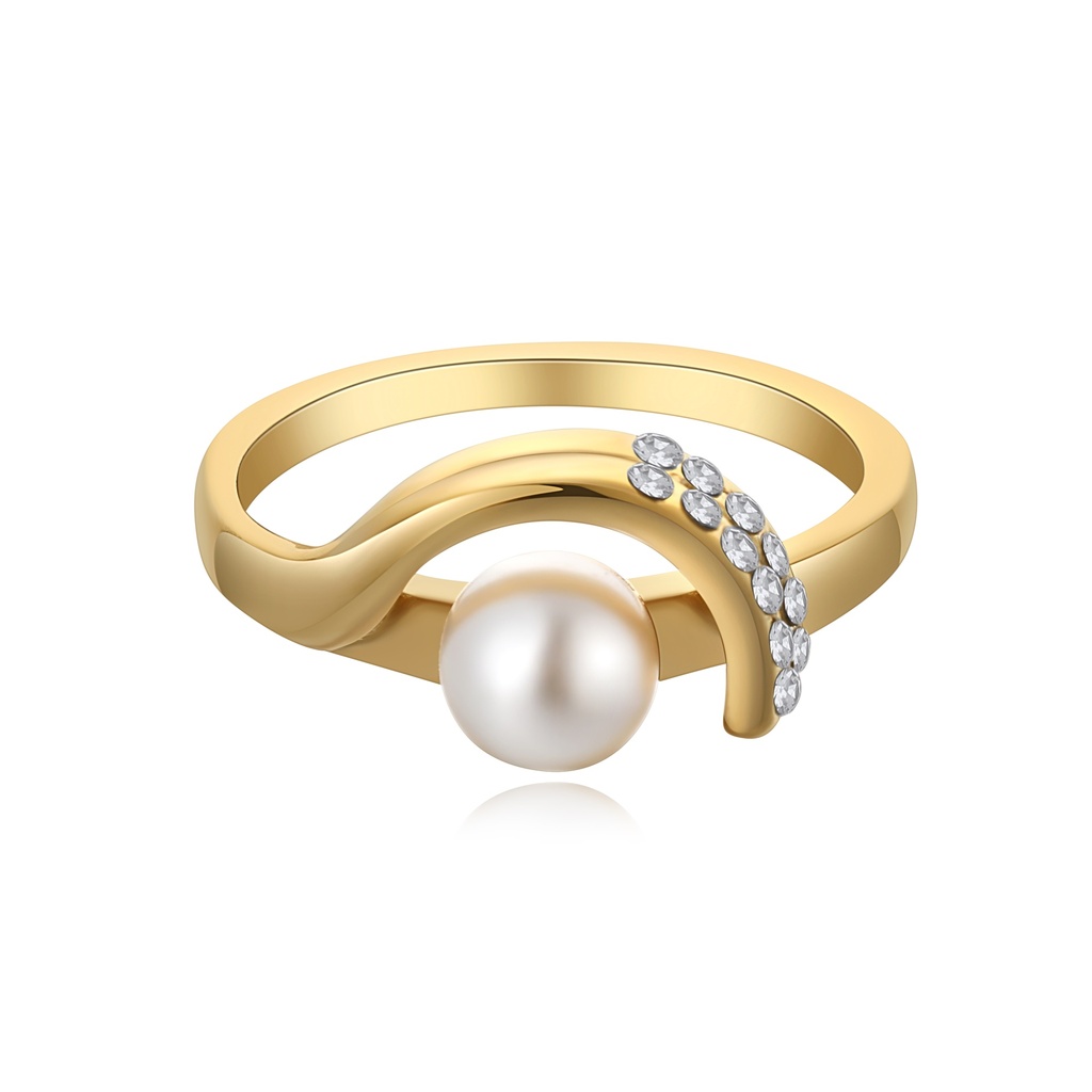 Gold Stainless Steel Ring with Pearl and Crystal Accent