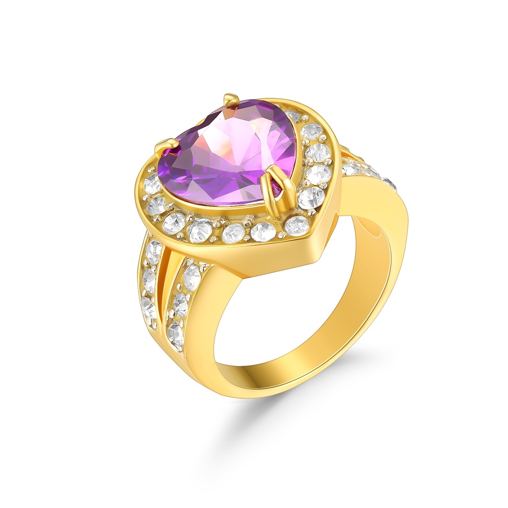 Gold Stainless Steel Ring with Purple Heart and Crystal Accents