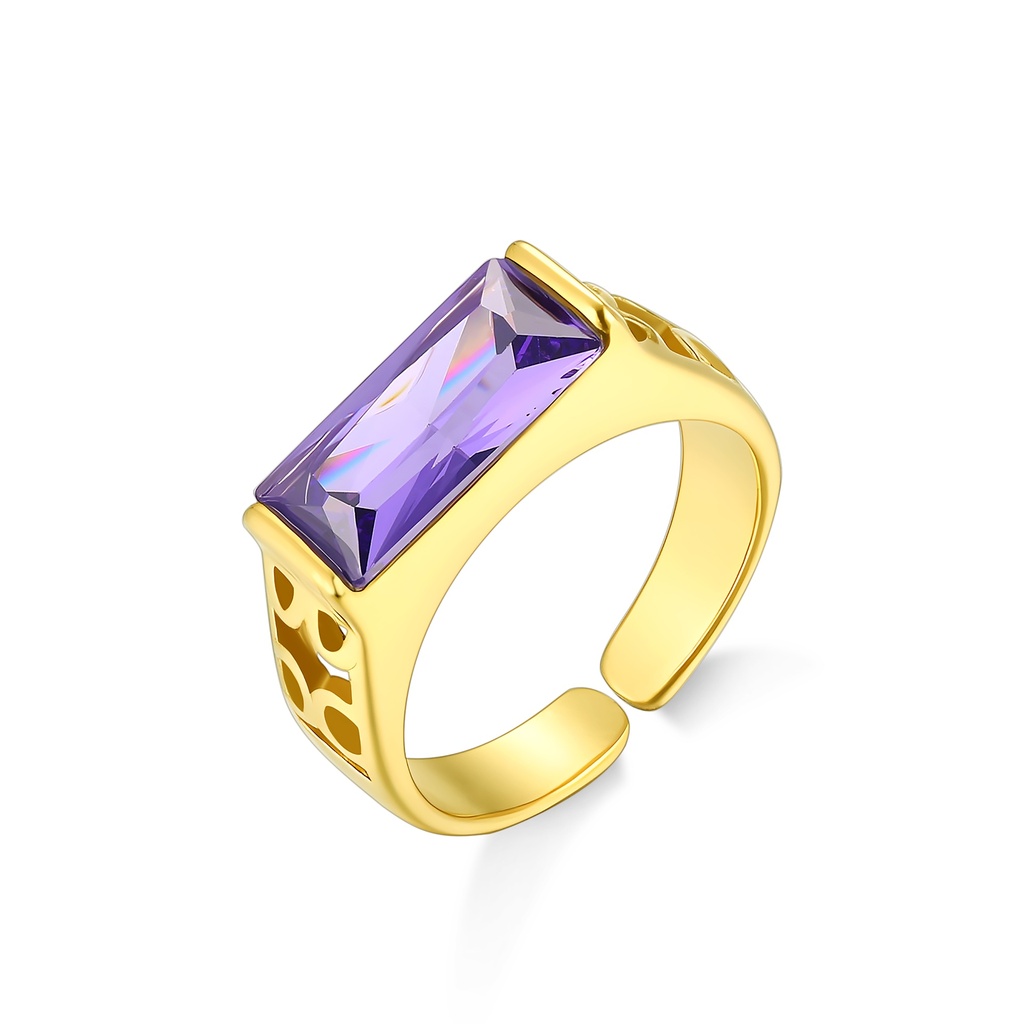 Gold Stainless Steel Ring with Purple Rectangular Crystal Accent