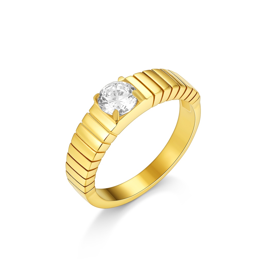 Gold Stainless Steel Ring with Round Solitaire and Ridged Band