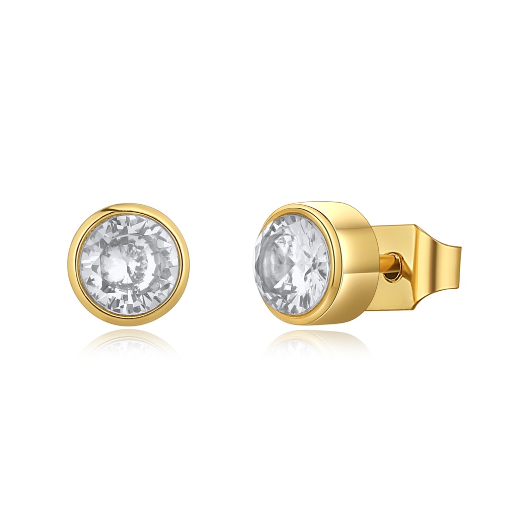 Gold Stainless Steel Round Stud Earrings with Clear Crystal