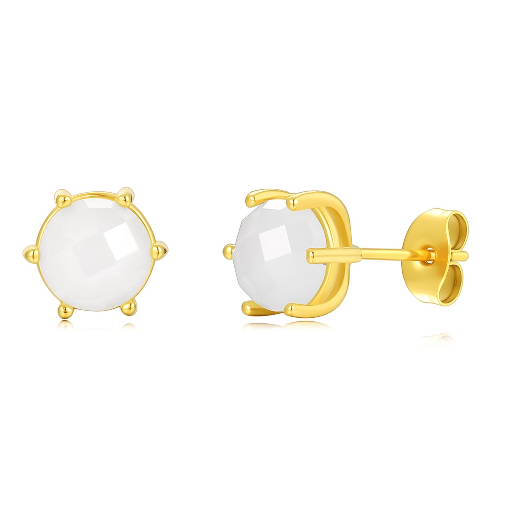 Gold Stainless Steel Round Stud Earrings with White Stone Accent