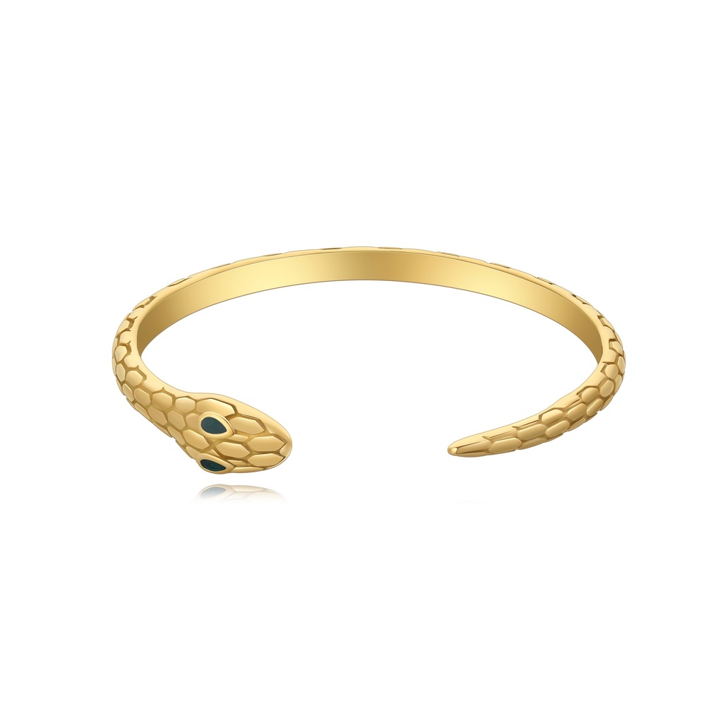 Gold Stainless Steel Snake Bangle with Green Stone Eyes