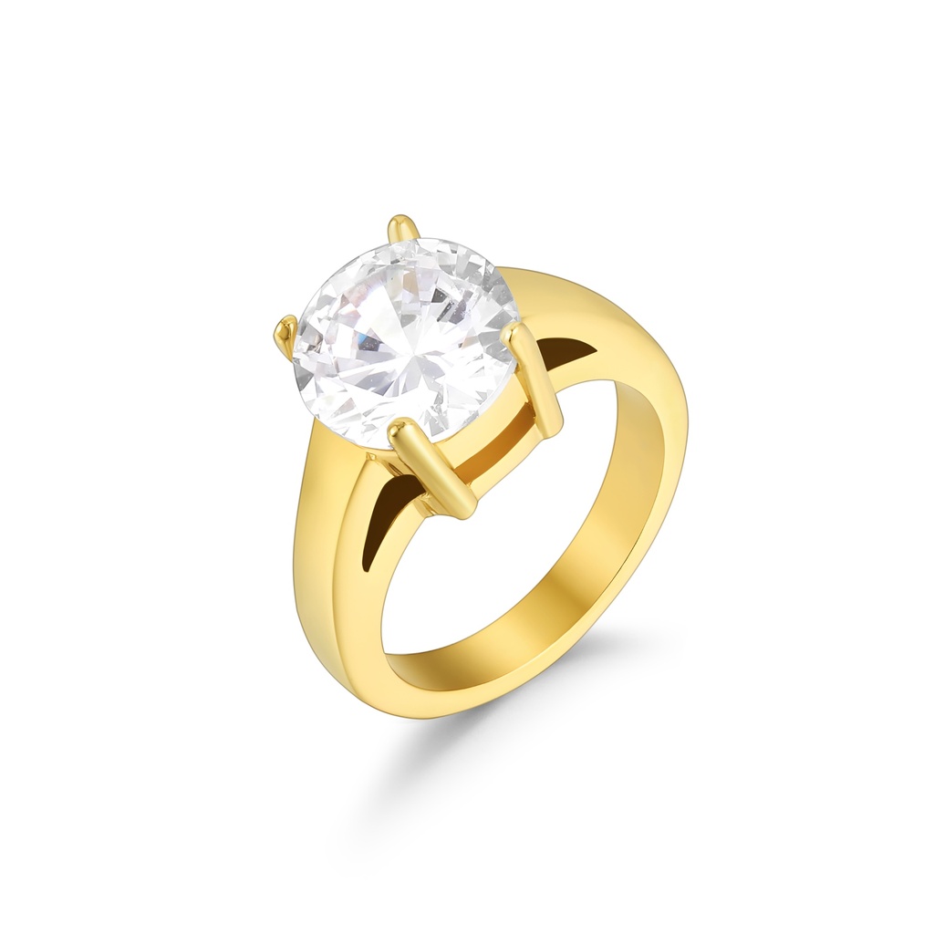 Gold Stainless Steel Solitaire Ring with Brilliant Round Crystal