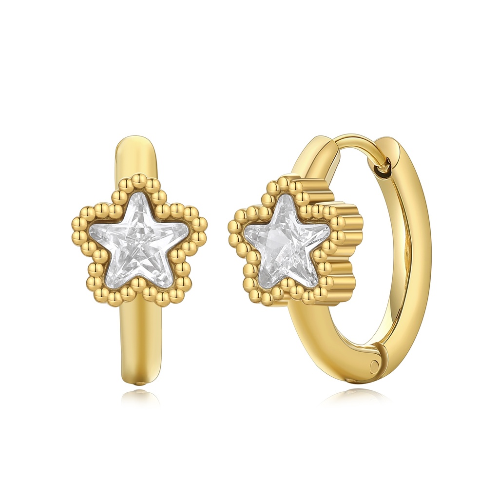 Gold Stainless Steel Star Hoop Earrings with Textured Beaded Design