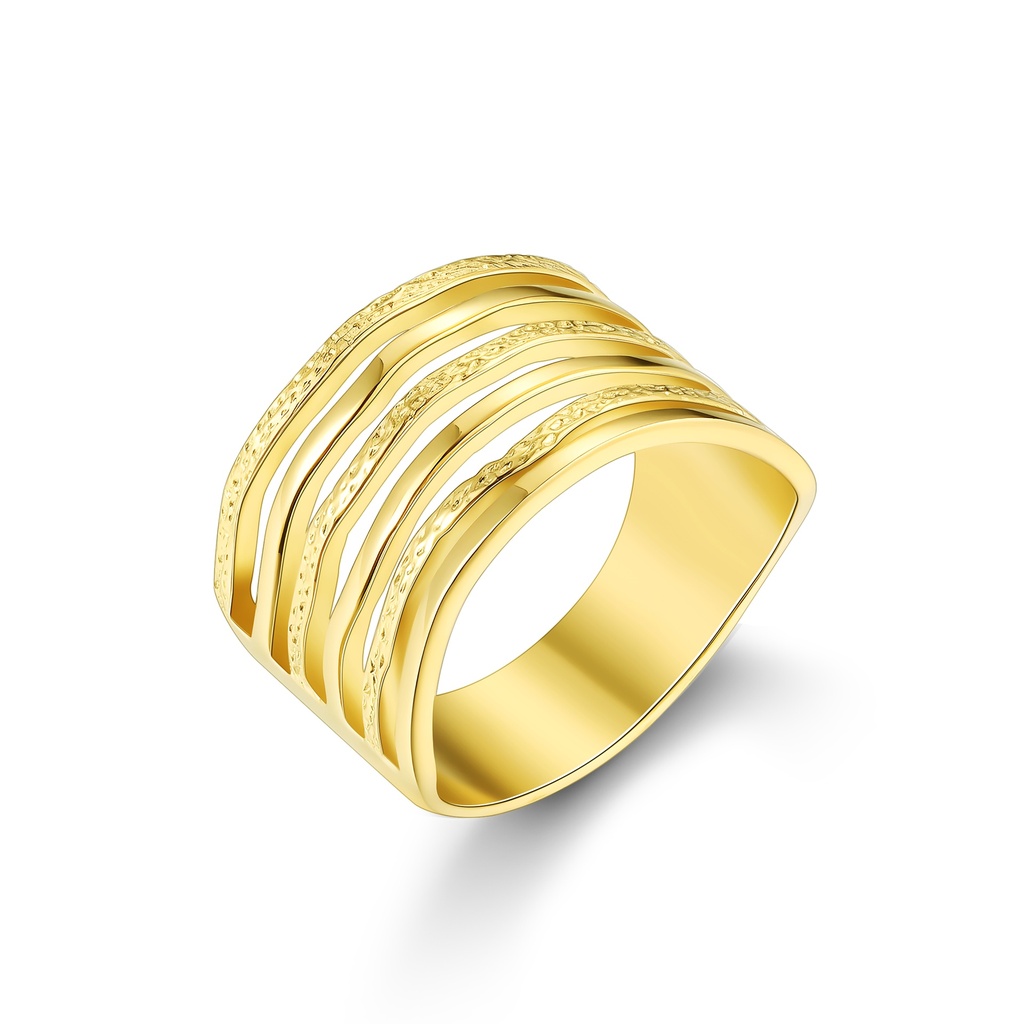 Gold Stainless Steel Wide Ring with Textured Layered Design