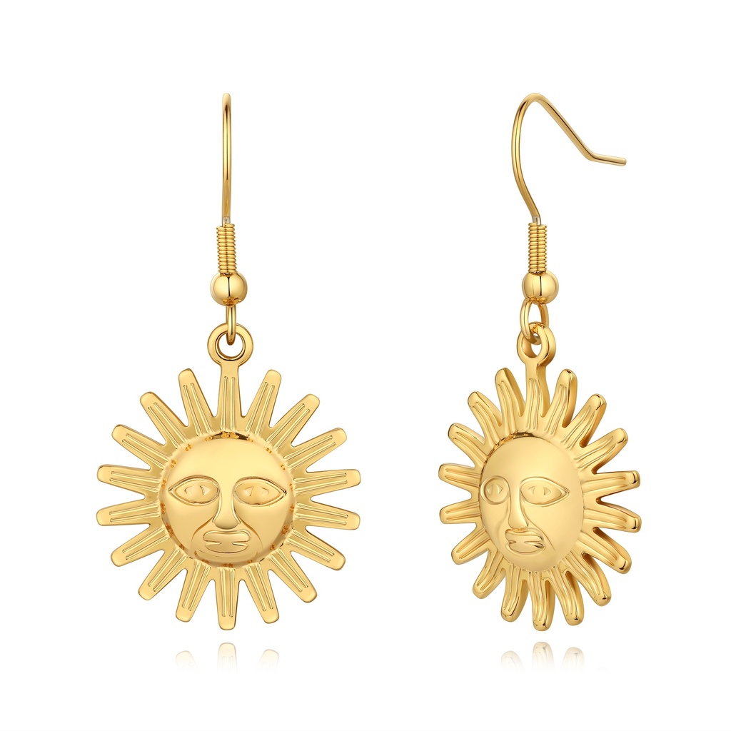 Gold Sun Face Drop Earrings with Boho Artistic Style