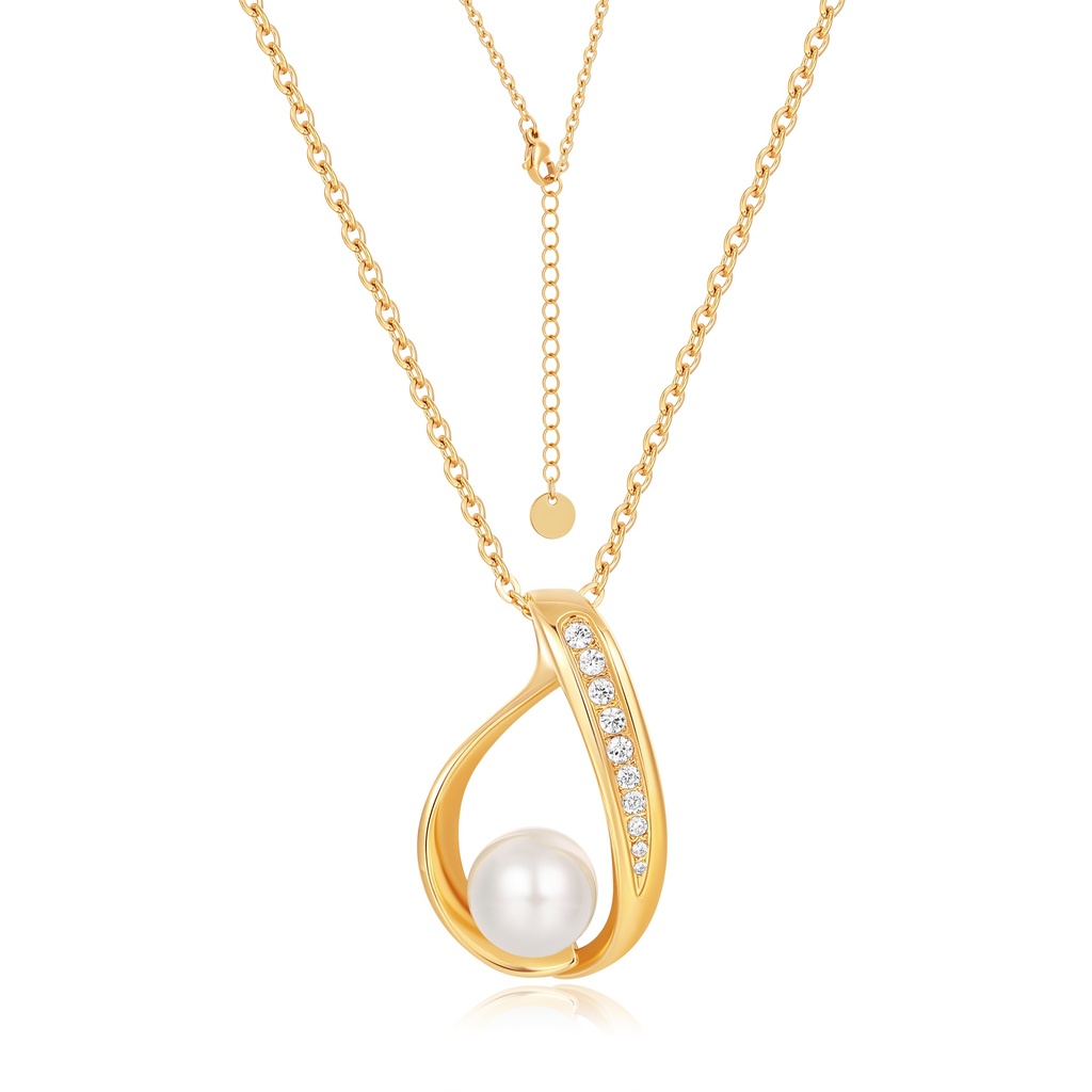 Gold Teardrop Necklace with Pearl and Crystal Accent Detailing