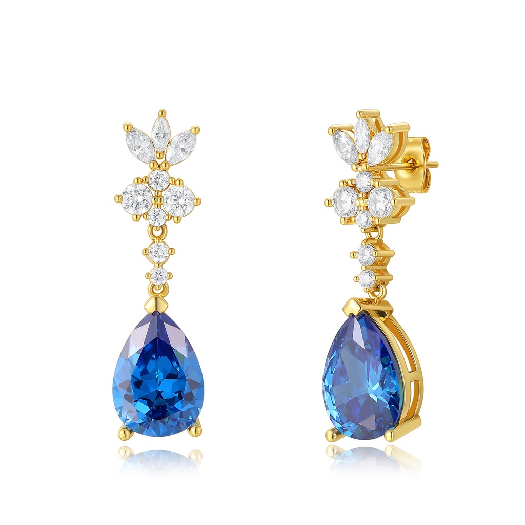 Gold Teardrop Sapphire Earrings with Diamond Floral Accent Design