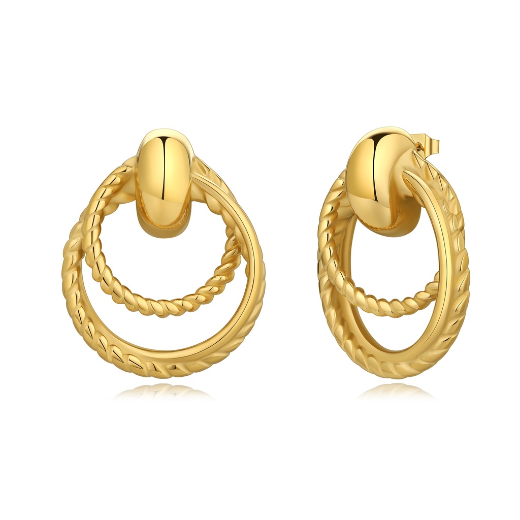 Gold Textured Double Hoop Earrings with Braided Detailing