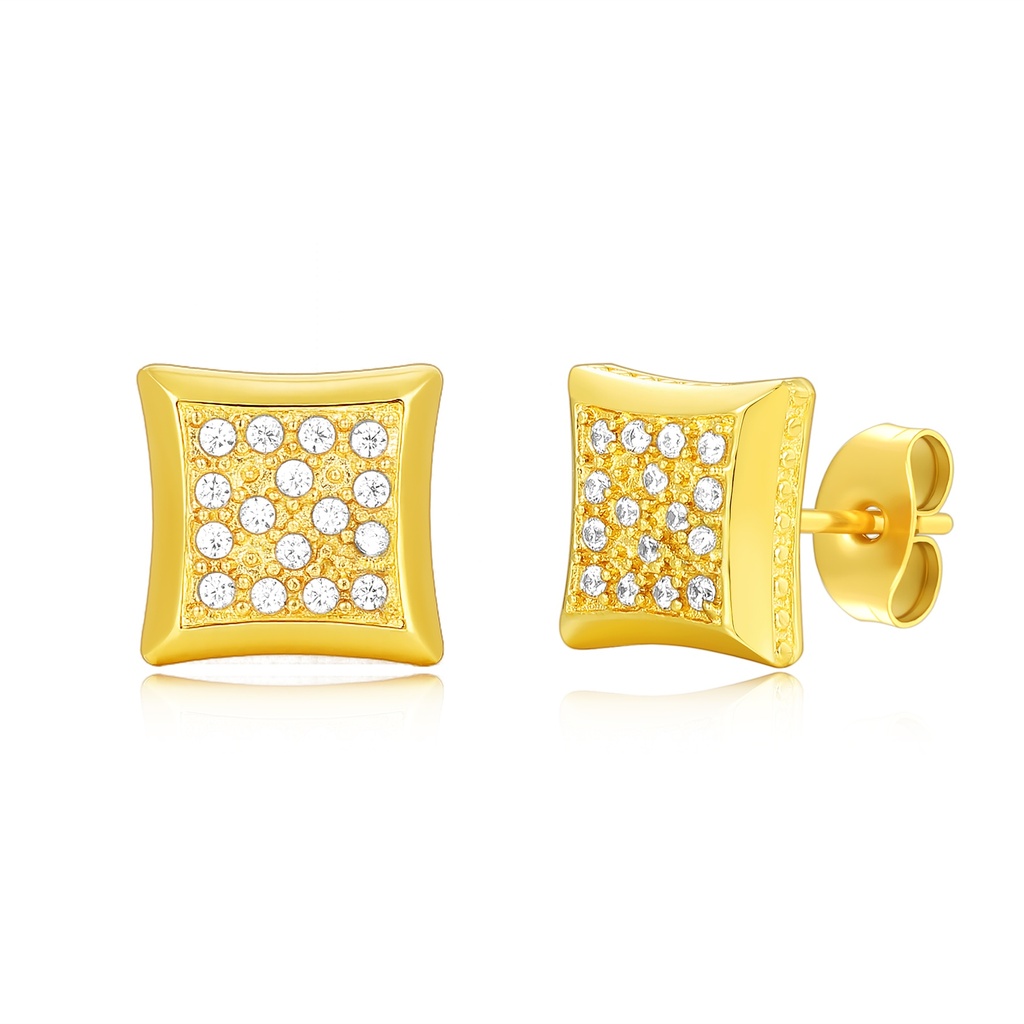 Gold Tone Stainless Steel Square Stud Earrings with Sparkling Crystals