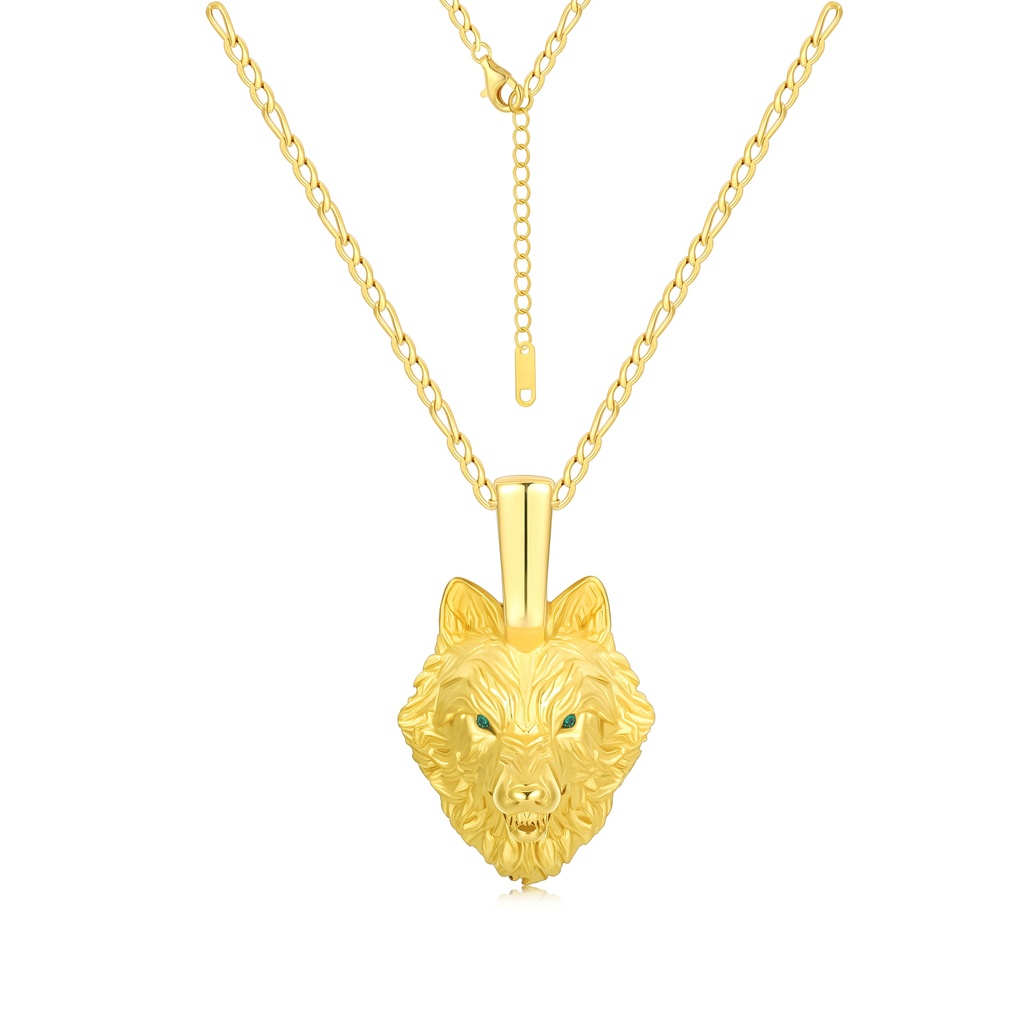 Gold Wolf Head Pendant Necklace in Stainless Steel for Men