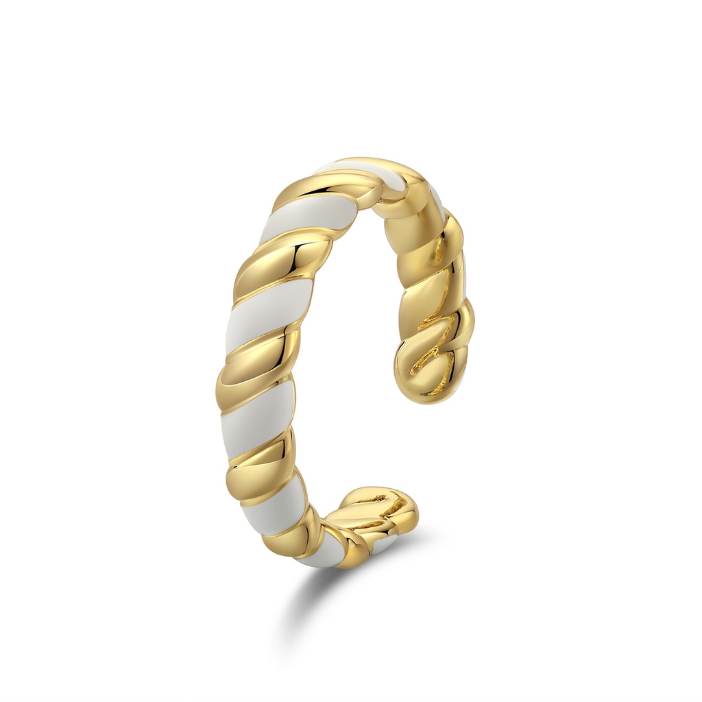 Gold and White Enamel Spiral Ring, Modern Twist Style