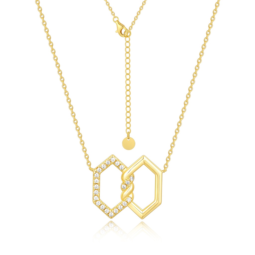 Gold hexagon pendant necklace with interlocking crystal and plain shapes.