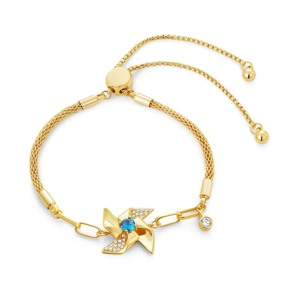 Gold windmill charm bracelet with crystal accents and chain