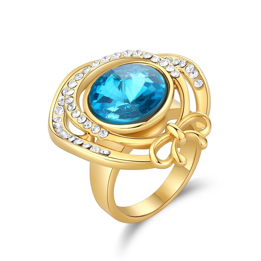 Gold-Plated Blue Stone & Crystal Ring with Bow Detail
