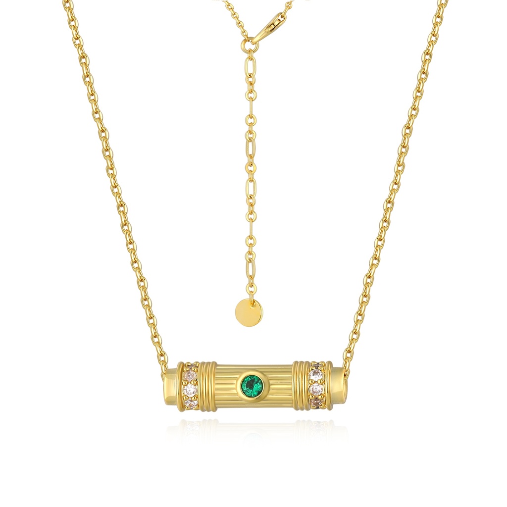 Gold-Plated Cylinder Pendant Necklace with Green Center and Sparkle Accents