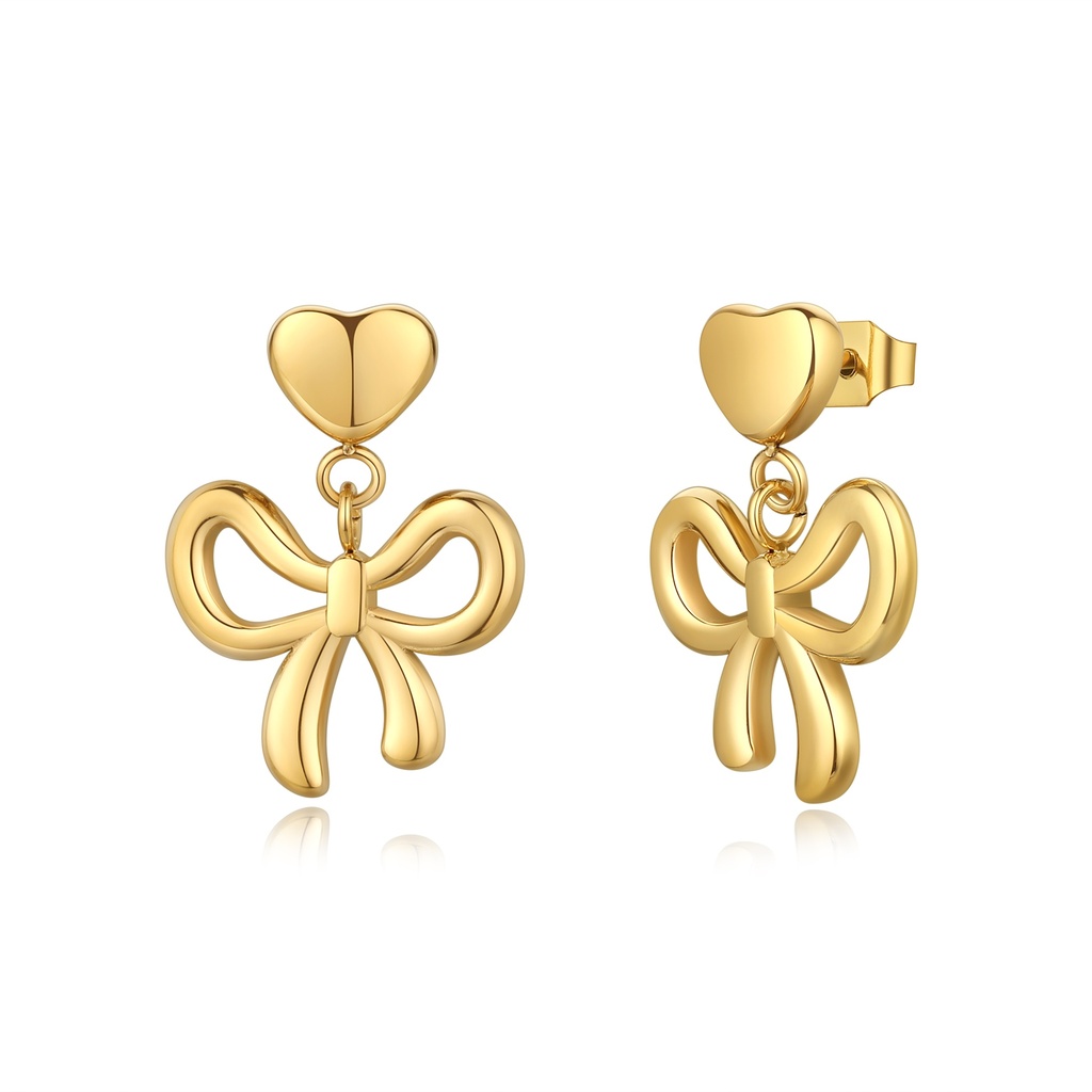 Gold-Plated Heart and Bow Dangle Earrings with Stainless Steel