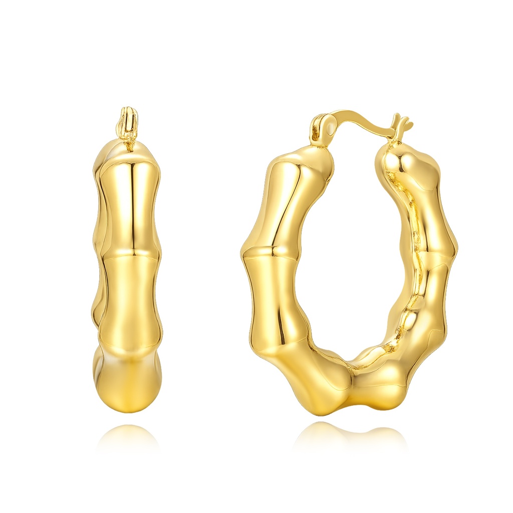 Bold Bamboo-Inspired Gold Hoop Earrings in Polished Stainless Steel