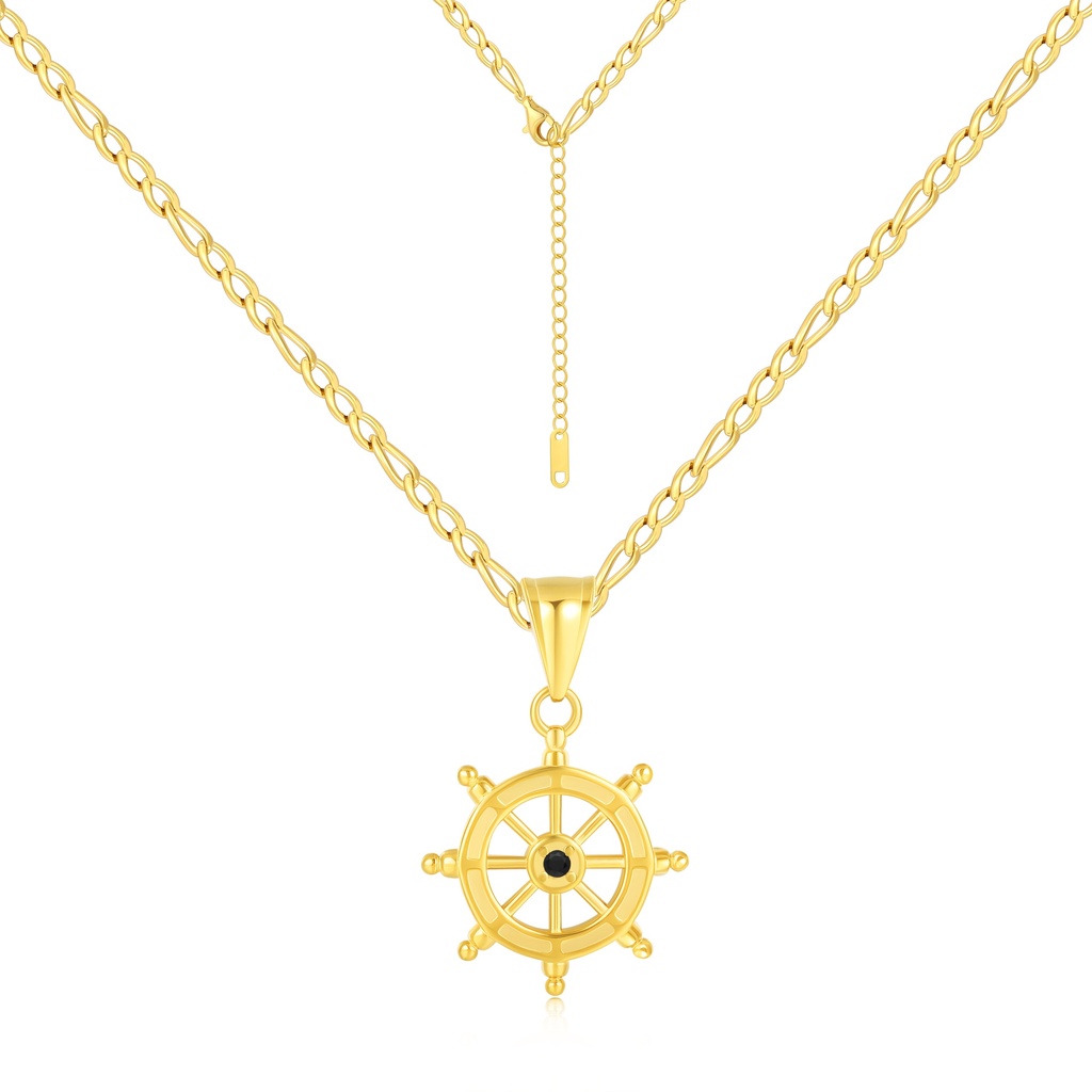 Gold-Plated Nautical Wheel Pendant Stainless Steel Chain Necklace