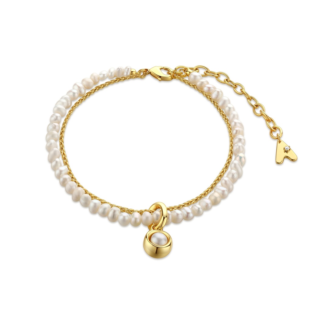 Gold-Plated Pearl Bracelet with Dainty Charm and Dual Strands