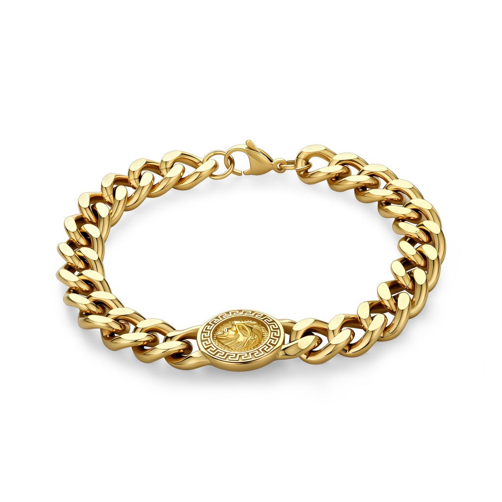 Gold-Plated Stainless Steel Chain Bracelet with Medusa Coin Detail