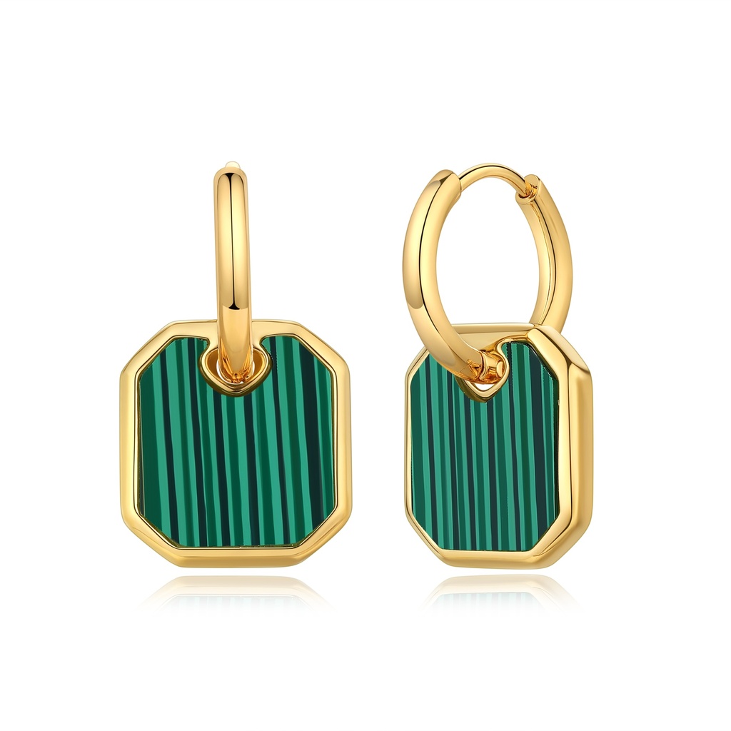 Gold-Plated Stainless Steel Green Striped Octagon Earrings
