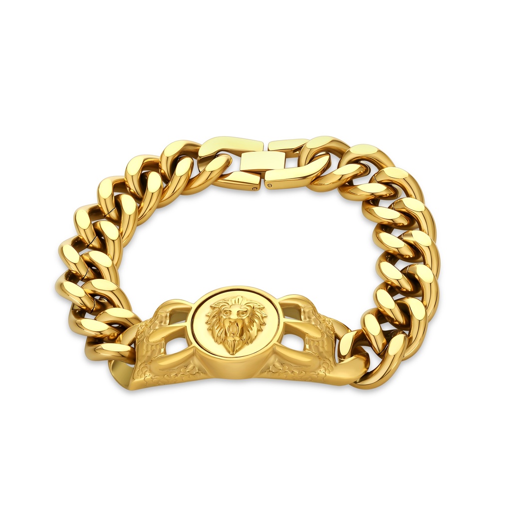 Gold-Plated Stainless Steel Lion Head Chain Bracelet with Detailed Clasp