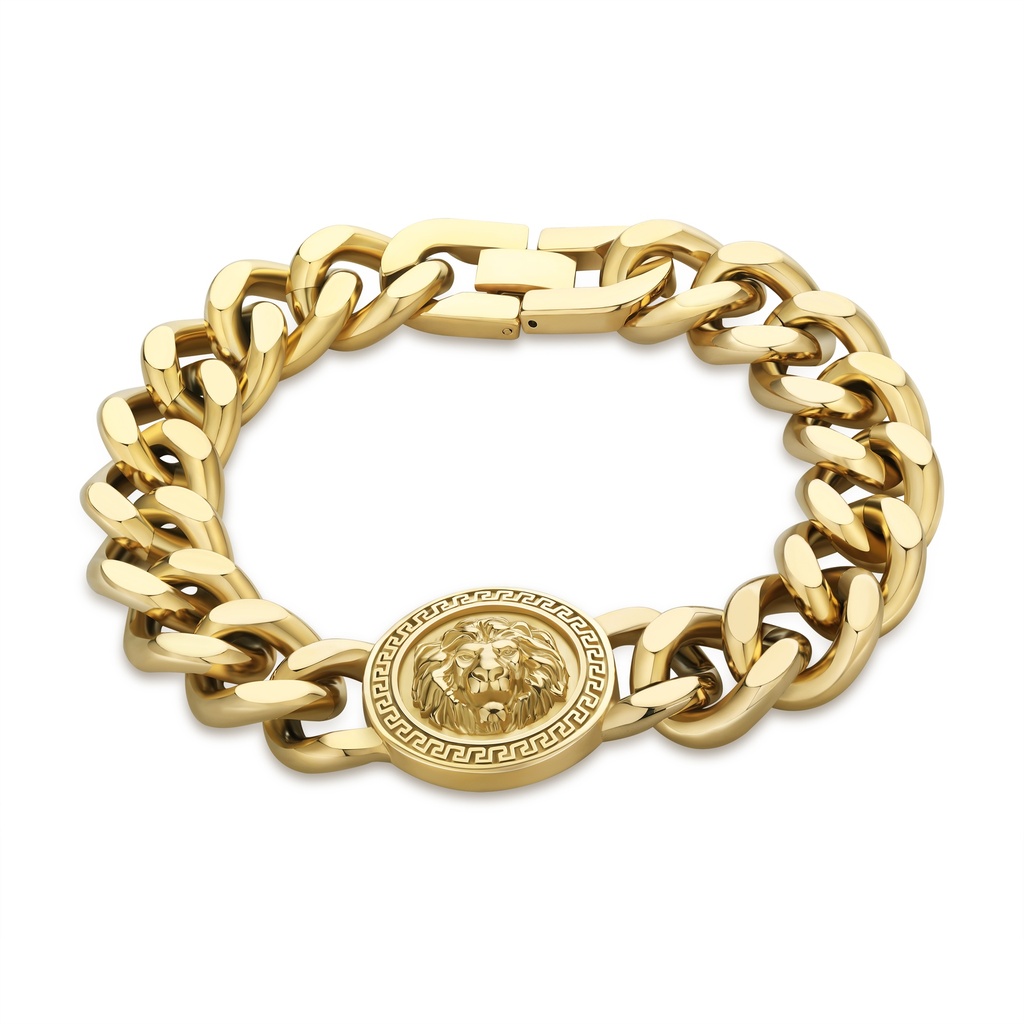Gold-Plated Stainless Steel Lion Head Chain Bracelet with Greek Key