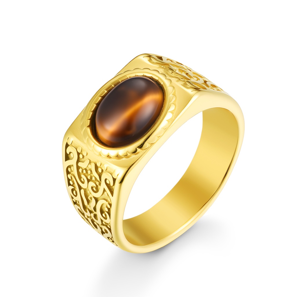 Gold-Plated Stainless Steel Tiger Eye Men’s Statement Ring