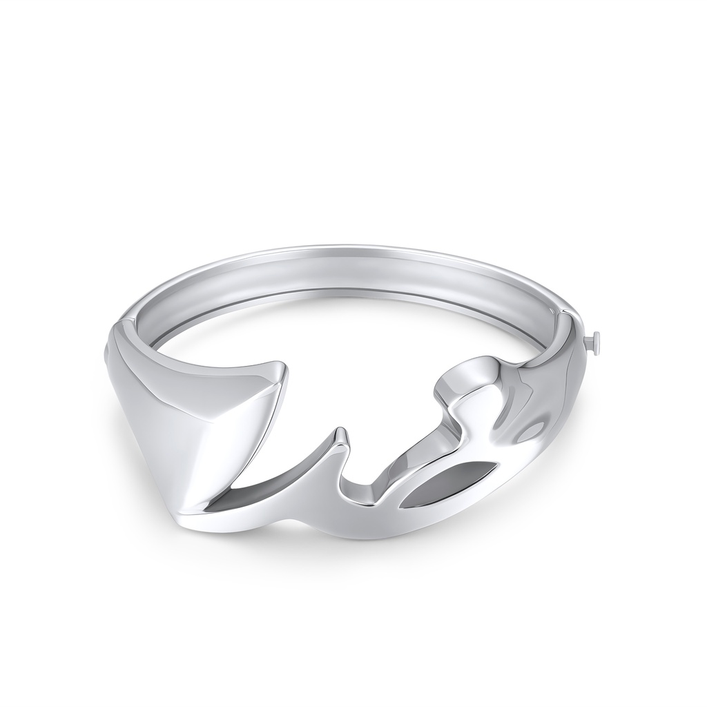 Abstract flame-inspired open bangle in polished stainless steel.