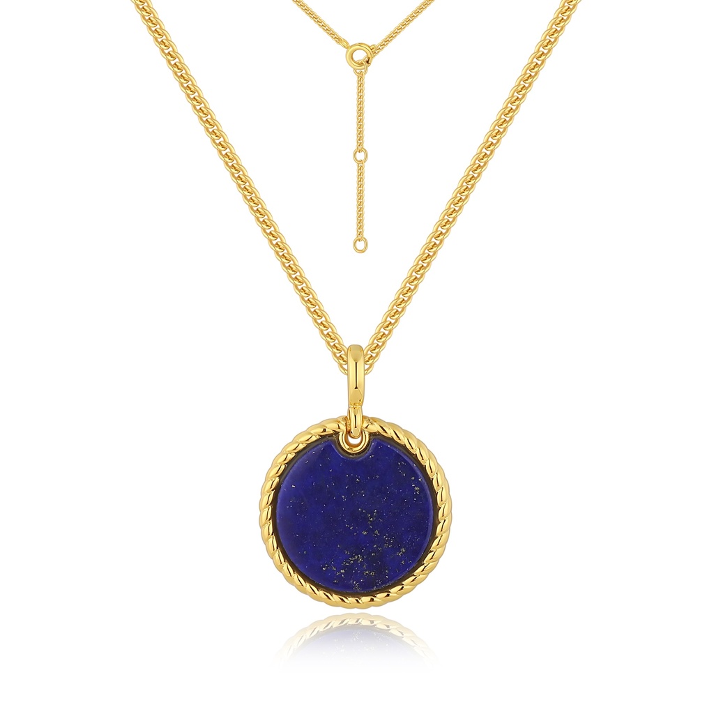 Gold-Rimmed Blue Stone Coin Pendant Necklace